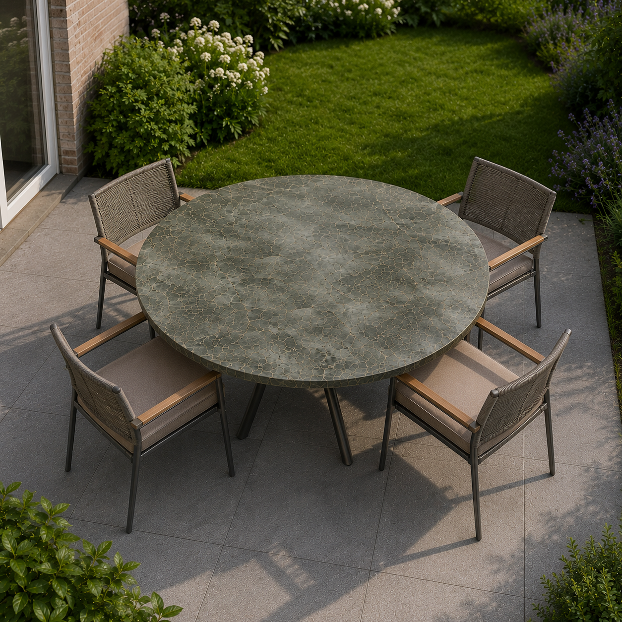 Jade Green kwartsiet tuintafel rond op maat (bovenaanzicht)