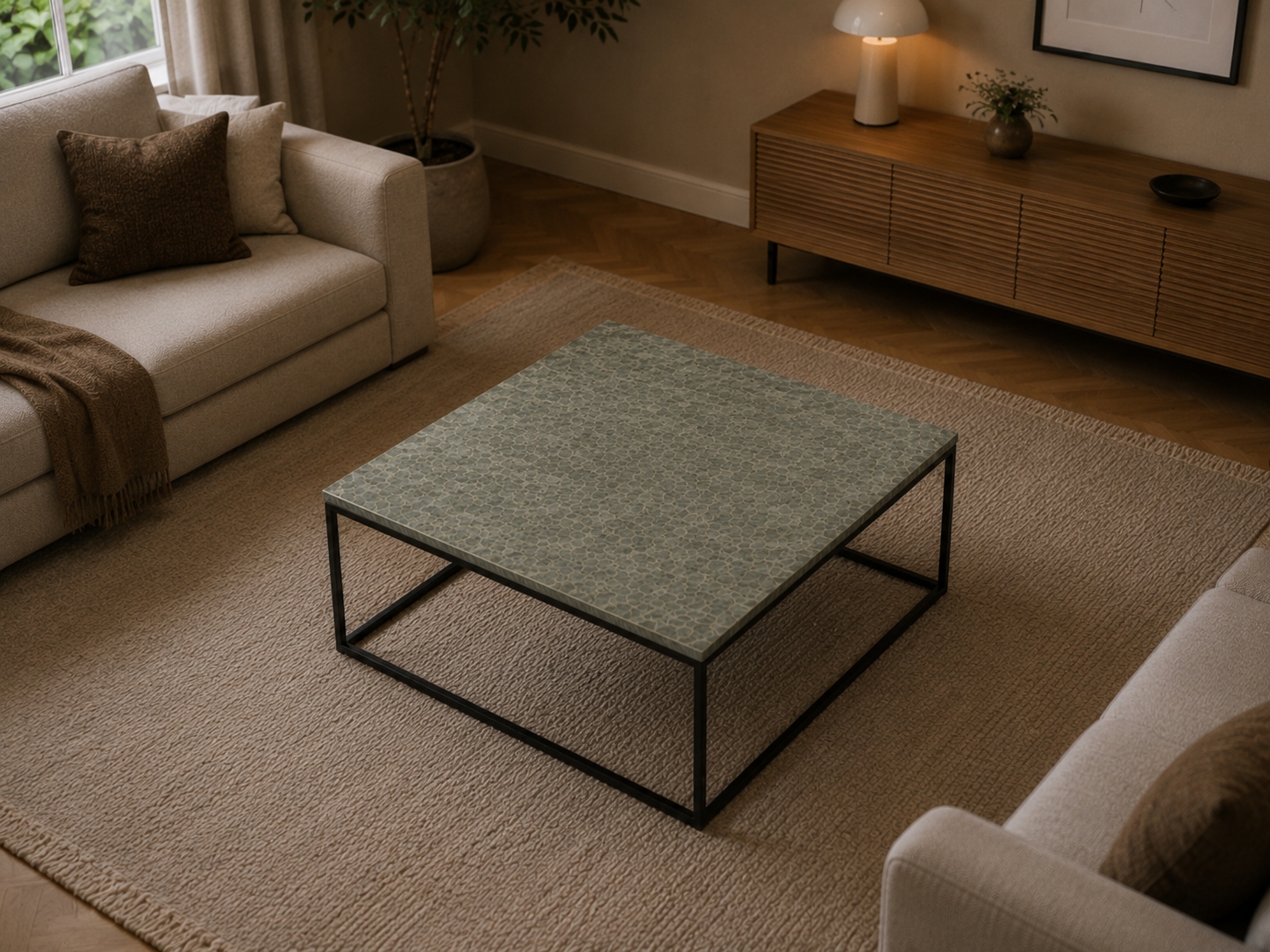 Jade Green Kwartsiet salontafel op maat (bovenaanzicht)